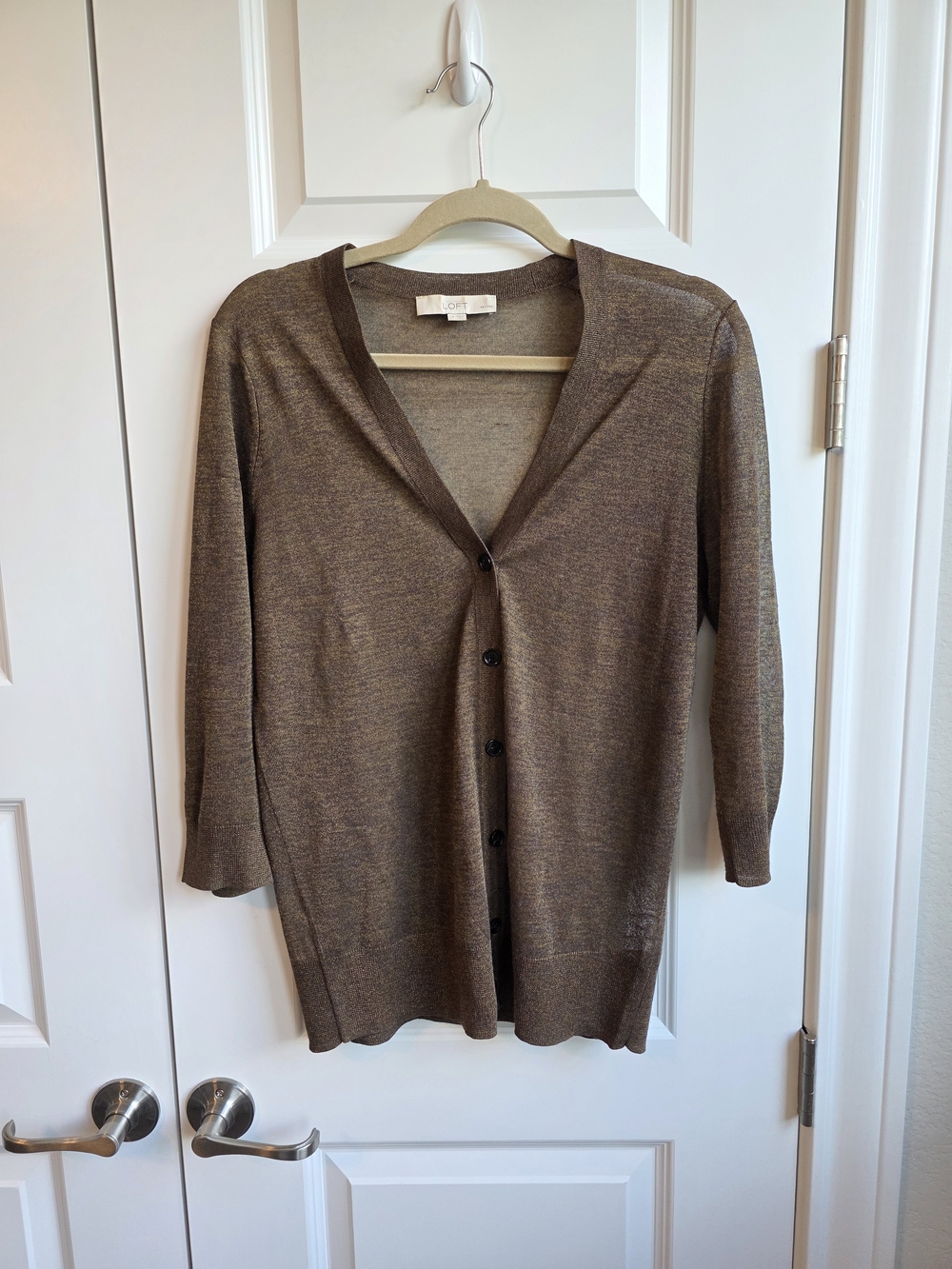 LOFT Petite Large Metallic Bronze Gold Long Cardigan Button Front